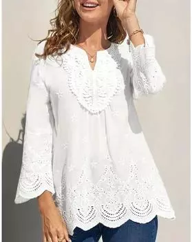 Плюс Размер Однотонный Топ, Повседневный Топ с Вырезом На Вырезе, Длинный Рукав, Отделка Фестонами, Женская Одежда Плюс Размера 1XL синий