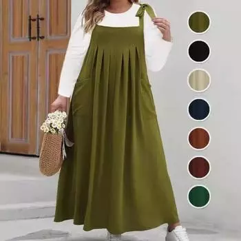 Плюс размер однотонный завязывающийся на плече комбинезон платье для женщин летние повседневные свободные без рукавов макси длинные платья с карманами XXXXL чёрный