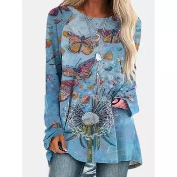 Плюс размер осень и зима новый длинный рукав свитер футболка топы круглый вырез пригородный стиль бабочка узор футболка женская S