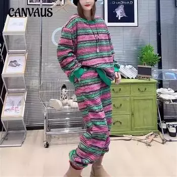 Плюс размер осень и зима полосатый цвет блокирующий хлопок петли длинный рукав свитер завязка прямые брюки костюм L