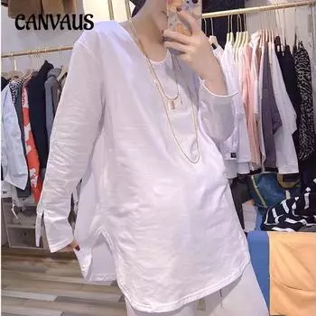 Плюс размер осень манжеты разрез нижняя рубашка женская свободная круглый вырез длинный рукав пуловер L белый