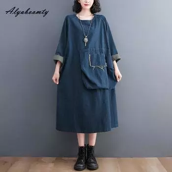 Плюс размер осень-весна женское джинсовое платье с круглым вырезом оверсайз повседневное свободное корейское платье винтажное мешковатое синее платье с большим карманом M синий