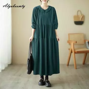 Плюс размер осень-весна женское платье большого размера с воротником Питера Пэна черно-зеленое кофейное повседневное свободное платье винтажное вельветовое платье с длинным рукавом One Size