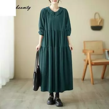 Плюс размер осень-весна женское платье большого размера с воротником Питера Пэна черно-зеленое кофейное повседневное свободное платье винтажное вельветовое платье с длинным рукавом