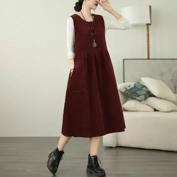 Плюс размер Осень Зима Женщин Сплошной Базовый Сарафан О-Образным Вырезом Весна Платье-Майка Без Рукавов Вельветовое Платье Миди S красный