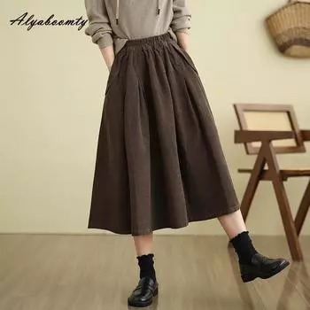 Плюс размер осень зима женская миди юбка с высокой талией черный хаки коричневый свободная юбка винтажный вельвет однотонный мешковатая юбка с карманами XXL коричневый