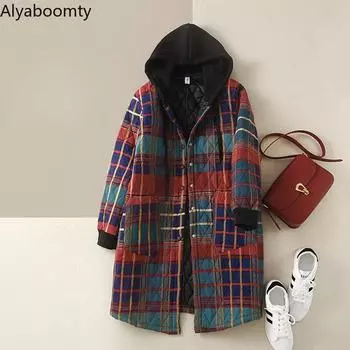 Плюс размер осень-зима женские свободные красные клетчатые парки с капюшоном и мягкой подкладкой мешковатая женская верхняя одежда винтажные пуговицы с карманами теплое пальто парки M
