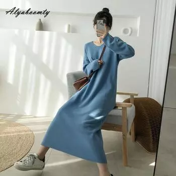 Плюс размер осень-зима женский свитер миди платье черный абрикосовый кофейный синий вязаное мешковатое платье большого размера теплое вязаное женское платье S чёрный