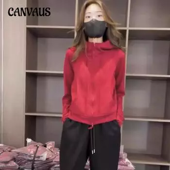 Плюс Размер Осенний Однотонный Кардиган С Капюшоном Толстовка Свободная Куртка L красный