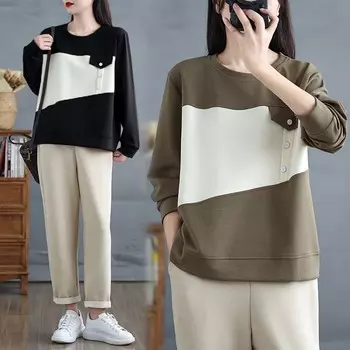 Плюс размер осенняя хлопковая футболка женская базовая пуловер новая с длинным рукавом свободная мода большие топы футболки L дубильная кора