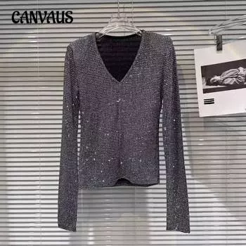 Плюс Размер Осенняя Нишевая Знаменитость V-образный вырез Полный Стразы Блестящий Длинный Рукав Пуловер Рубашка L чёрный