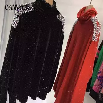 Плюс размер осенняя тяжелая бисерная нижняя рубашка женская свободная средней длины с тонким высоким воротником золотистый бархат L чёрный