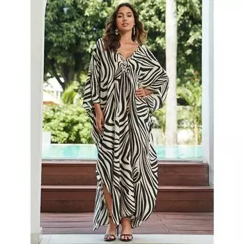 Плюс размер отпускного накидки, женское платье-кафтан свободного кроя с принтом зебры и v-образным вырезом в китайском узле, плетеное по бокам пляжное платье-кафтан One-size