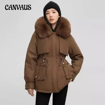 Плюс Размер Parker Женская Осенняя и Зимняя Хлопковая Куртка С Капюшоном Большой Волосяной Воротник Пальто Приталенная Длинный Рукав Хлопковая Одежда M чёрный