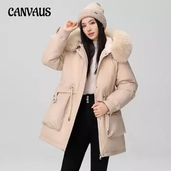 Плюс Размер Parker Женская Осенняя и Зимняя Хлопковая Куртка С Капюшоном Большой Волосяной Воротник Пальто Приталенная Длинный Рукав Хлопковая Одежда M чёрный