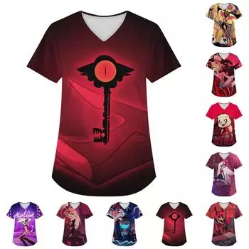 Плюс размер печатной рабочей формы, топы для женщин, v-образный вырез, рождественский принт, забавные футболки с короткими рукавами, рабочая одежда, футболка с карманами L