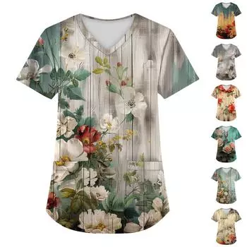 Плюс размер печатной рабочей формы, топы для женщин, v-образный вырез, рождественский принт, забавные футболки с короткими рукавами, рабочая одежда, футболка с карманами L хаки