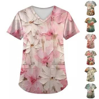 Плюс размер печатной рабочей формы, топы для женщин, v-образный вырез, рождественский принт, забавные футболки с короткими рукавами, рабочая одежда, футболка с карманами L зелёный