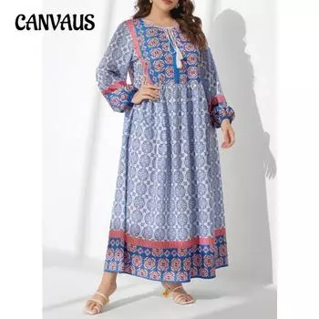 Плюс Размер Печатный Пуловер Темперамент Пригородный Длинный Платье Женское Платье 0XL морской синий
