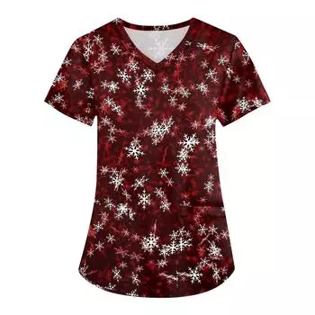 Плюс Размер Печатный Рабочий Униформа Топы Для Женщин Крест V-образный вырез Рождественский принт Короткий рукав Забавные Футболки Рабочая Одежда Футболка С Карманами S