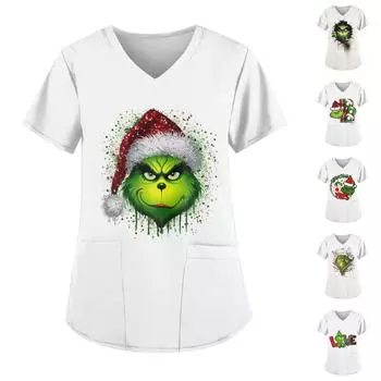 Плюс Размер Печатный Рабочий Униформа Топы Для Женщин Крест V-образный вырез Печати Короткий Рукав Забавные Футболки Рабочая Одежда Футболка С Карманами XXXXXL