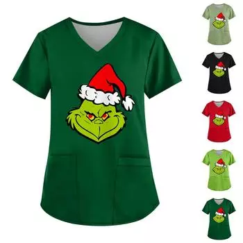 Плюс Размер Печатный Рабочий Униформа Топы Для Женщин Крест V-образный вырез Печати Короткий Рукав Забавные Футболки Рабочая Одежда Футболка С Карманами XXXXXL чёрный