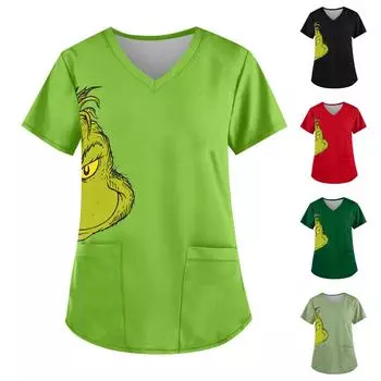 Плюс Размер Печатный Рабочий Униформа Топы Для Женщин Крест V-образный вырез Печати Короткий Рукав Забавные Футболки Рабочая Одежда Футболка С Карманами XXL