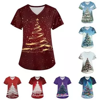 Плюс Размер Печатный Рабочий Униформа Топы Для Женщин Крест V-образный вырез Рождественский принт Короткий рукав Забавные Футболки Рабочая Одежда Футболка С Карманами XXXXXL синий