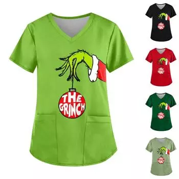 Плюс Размер Печатный Рабочий Униформа Топы Для Женщин Крест V-образный вырез Печати Короткий Рукав Забавные Футболки Рабочая Одежда Футболка С Карманами S