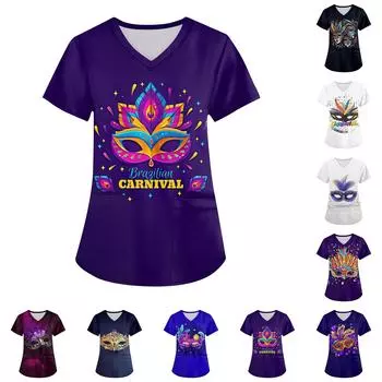 Плюс Размер Печатный Рабочий Униформа Топы Для Женщин Крест V-образный Вырез Карнавальный Принт Короткий Рукав Забавные Футболки Рабочая Одежда Футболка С Карманами XXXL синий