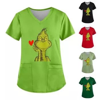 Плюс Размер Печатный Рабочий Униформа Топы Для Женщин Крест V-образный вырез Печати Короткий Рукав Забавные Футболки Рабочая Одежда Футболка С Карманами XXXXXL чёрный