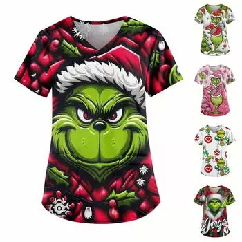 Плюс Размер Печатный Рабочий Униформа Топы Для Женщин Крест V-образный вырез Печати Короткий Рукав Забавные Футболки Рабочая Одежда Футболка С Карманами S