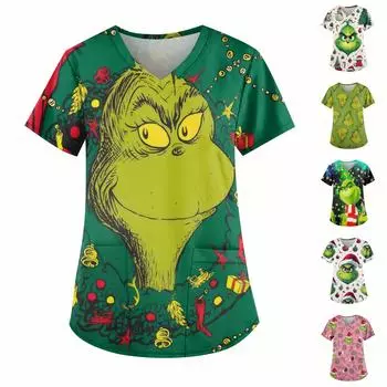 Плюс Размер Печатный Рабочий Униформа Топы Для Женщин Крест V-образный вырез Печати Короткий Рукав Забавные Футболки Рабочая Одежда Футболка С Карманами L