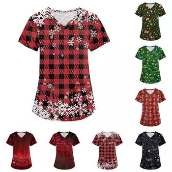 Плюс Размер Печатный Рабочий Униформа Топы Для Женщин Крест V-образный вырез Рождественский принт Короткий рукав Забавные Футболки Рабочая Одежда Футболка С Карманами S зелёный