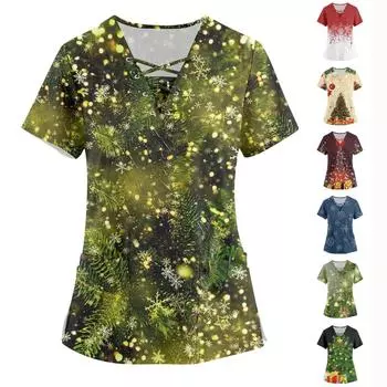 Плюс размер Печатный скраб Рабочая форма Топы для женщин Крест V-образным вырезом Рождественский принт с короткими рукавами Забавные футболки Спецодежда Футболка с карманами L