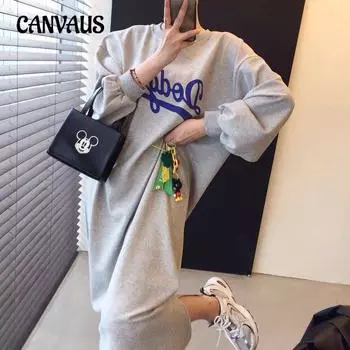 Плюс размер Письмо Печатный Утепленный Карманный Толстовка Платье Женские Осенние и Зимние Свободные Ленивый Стиль Прямой Платья До Колена One Size светло-серый