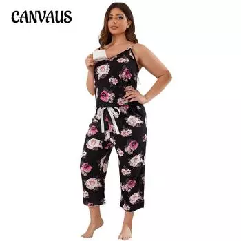 Плюс размер пижамы женские подтяжки с принтом костюм для домашней одежды 1XL чёрный