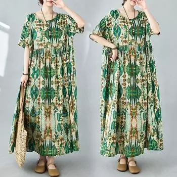 Плюс Размер Платье Женщин Новый Летний Стиль Зеленые Платья О-Образным Вырезом Цветочные Свободные Платья one size зелёный