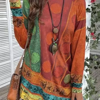 Плюс Размер Племенной Принт Круглый Вырез Длинный Рукав Топ Все Сезоны - Женская Удобная Трикотажная Одежда S