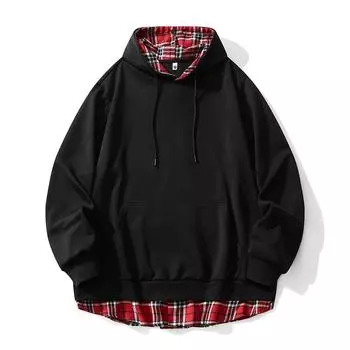 Плюс размер поддельный двухсекционный клетчатый худи мужской свободный топ повседневная куртка с капюшоном размер поддельный двухсекционный клетчатый худи повседневная куртка с капюшоном 6XL/160-180KG чёрный