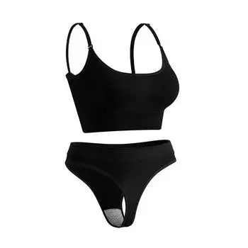 Плюс размер подтяжки пуш-ап без косточек женское нижнее белье удобный и красивый жилет спортивный противоударный бюстгальтер для йоги комплект стрингов M чёрный