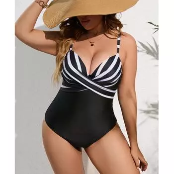 Плюс размер полосатый купальник боди женский сексуальный пуш-ап мягкий комплект бикини купальник облегающий камзол пляжная одежда для дам 1XL чёрный