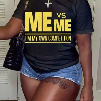 Плюс размер Повседневная футболка Женская футболка с буквенным принтом, эластичная футболка с короткими рукавами XS чёрный