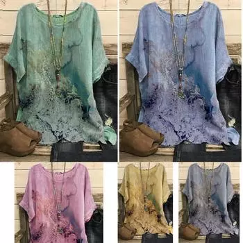 Плюс размер Повседневная летняя футболка Женская плюс жидкий принт с коротким рукавом Круглый вырез Средняя эластичная футболка 4XL синий