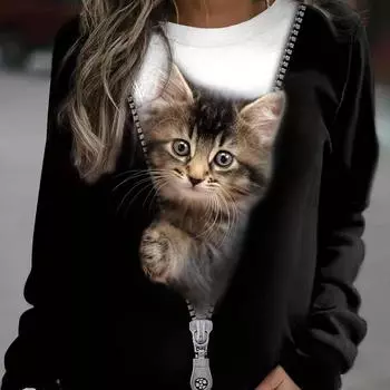 Плюс размер повседневные толстовки женские плюс размер 3D кошачий принт с длинным рукавом пуловер с круглым вырезом S