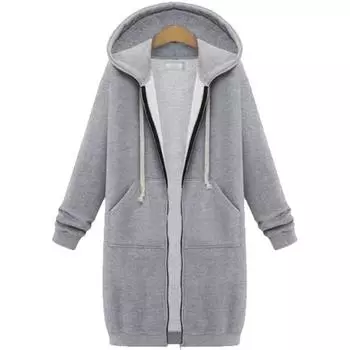 Плюс размер повседневный утолщенный женский длинный свитер на молнии с капюшоном 2XL светло-серый