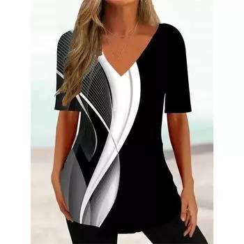 Плюс Размер Простая женская футболка 3D Wave Curve Tee Модная футболка с V-образным вырезом Летняя Свободная уличная женская одежда с коротким рукавом Повседневная футболка для женщин 7XL