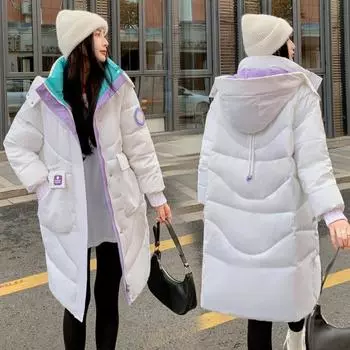 Плюс размер пуховик женский длинный свободный толстый 2023 новая зимняя одежда с капюшоном тонкое хлопковое пальто M чёрный