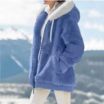 Плюс Размер Пушистая куртка с капюшоном на молнии с карманами и капюшоном Пальто Повседневная с длинным рукавом на молнии Верхняя одежда для зимы Модное женское пальто S чёрный