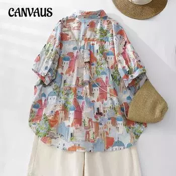 Плюс размер рубашки женские летние свободные масляной живописи граффити карман топы с короткими рукавами